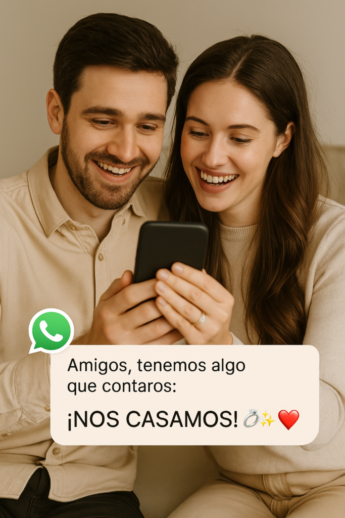 Pareja de novios enviando su invitación digital de boda por WhatsApp con mensaje personalizado.