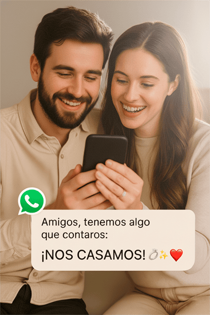 Pareja anunciando su boda con una invitación digital por WhatsApp en el móvil