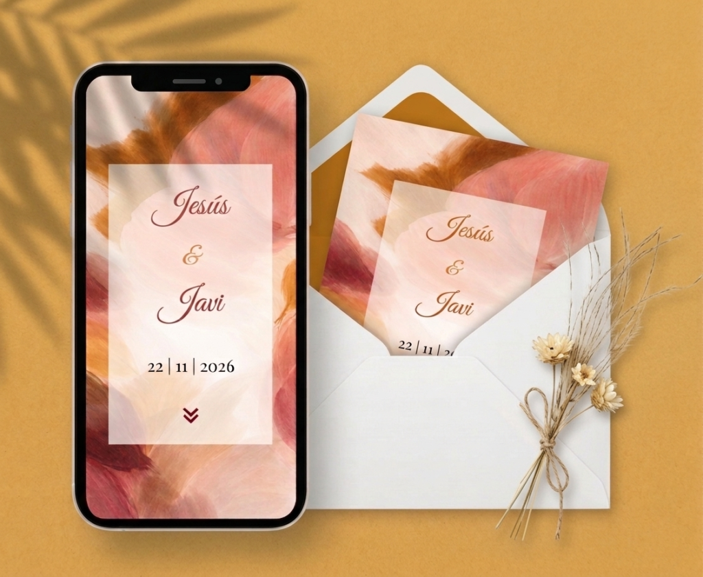 Invitación digital de boda modelo Aurea en móvil con sobre a juego