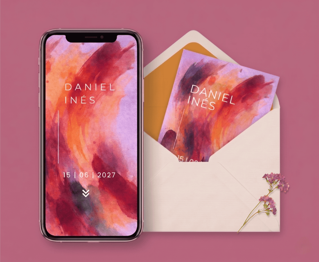 Modelo Lía de invitación digital de boda artística en móvil