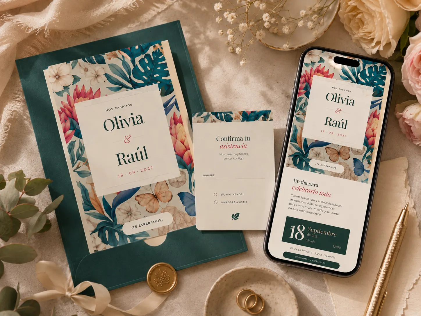 Invitación de boda digital y en papel modelo Calia en opción híbrida