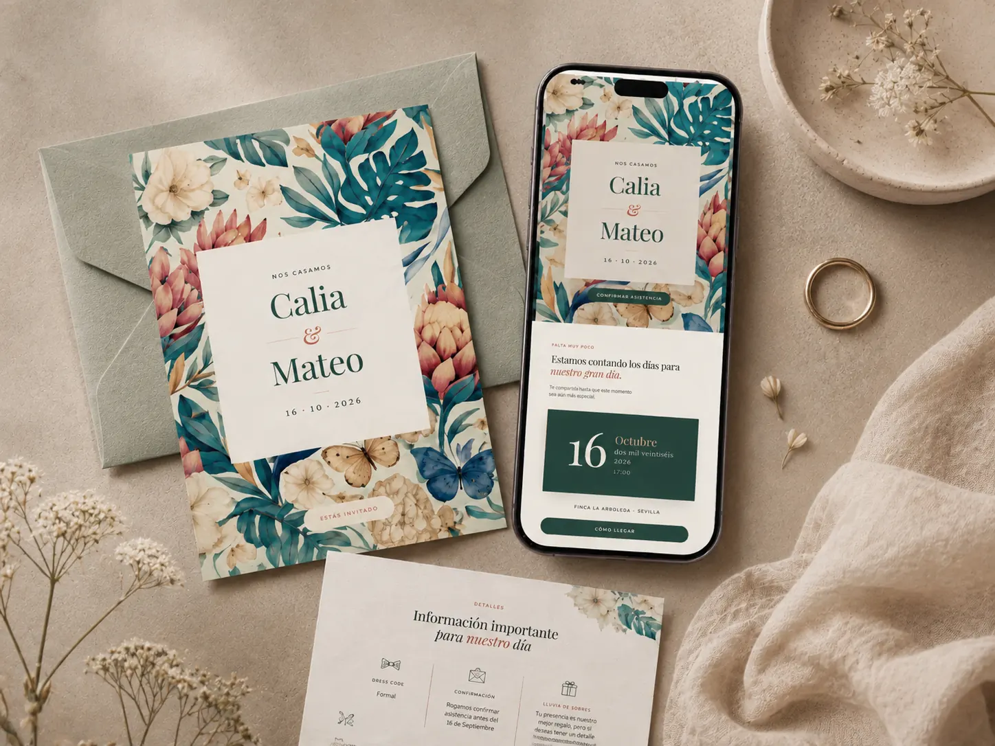 Comparativa de invitaciones de boda digitales o en papel con diseño Calia