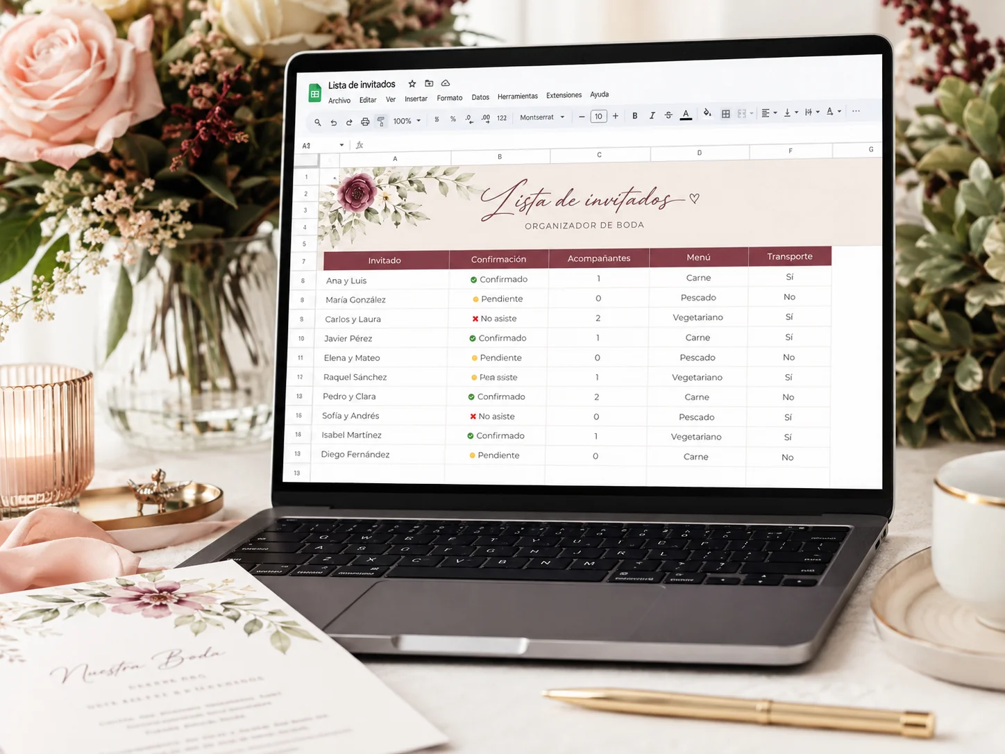 Organizador de lista de invitados de boda en formato Excel con confirmaciones, acompañantes, menú y transporte