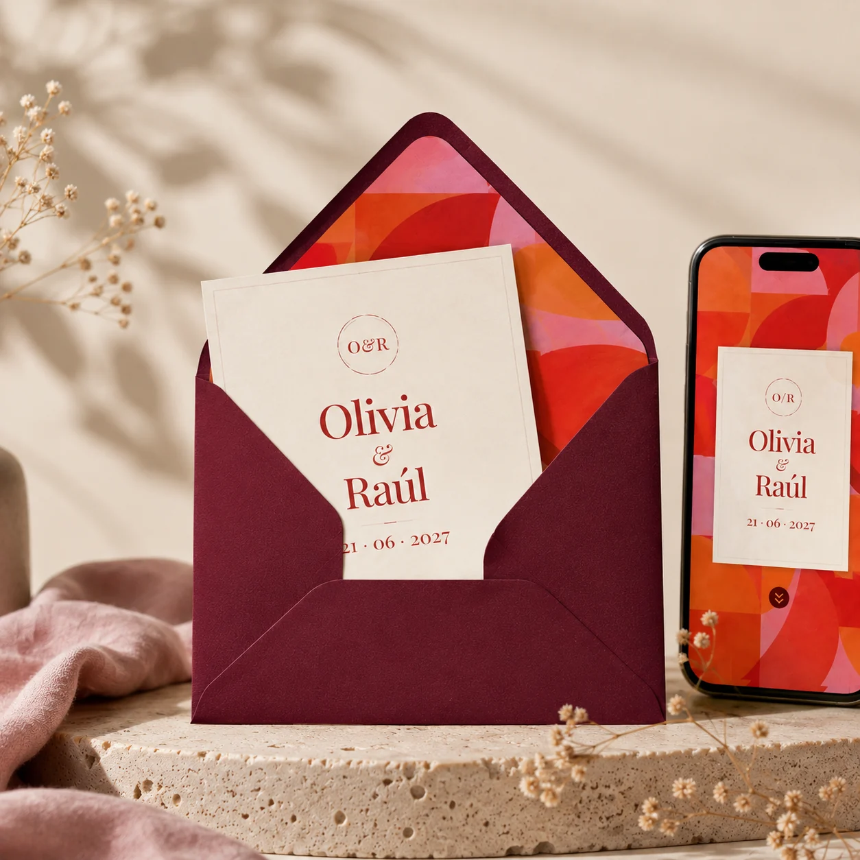 Sobre digital de boda coordinado con la invitación modelo Prisma