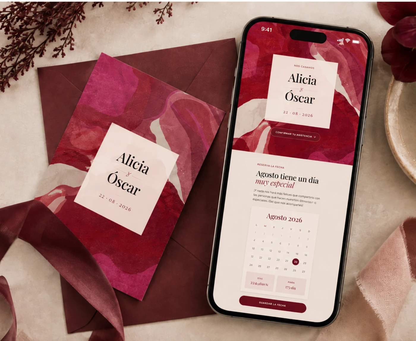 Invitación digital de boda modelo Siena con acceso a confirmación RSVP