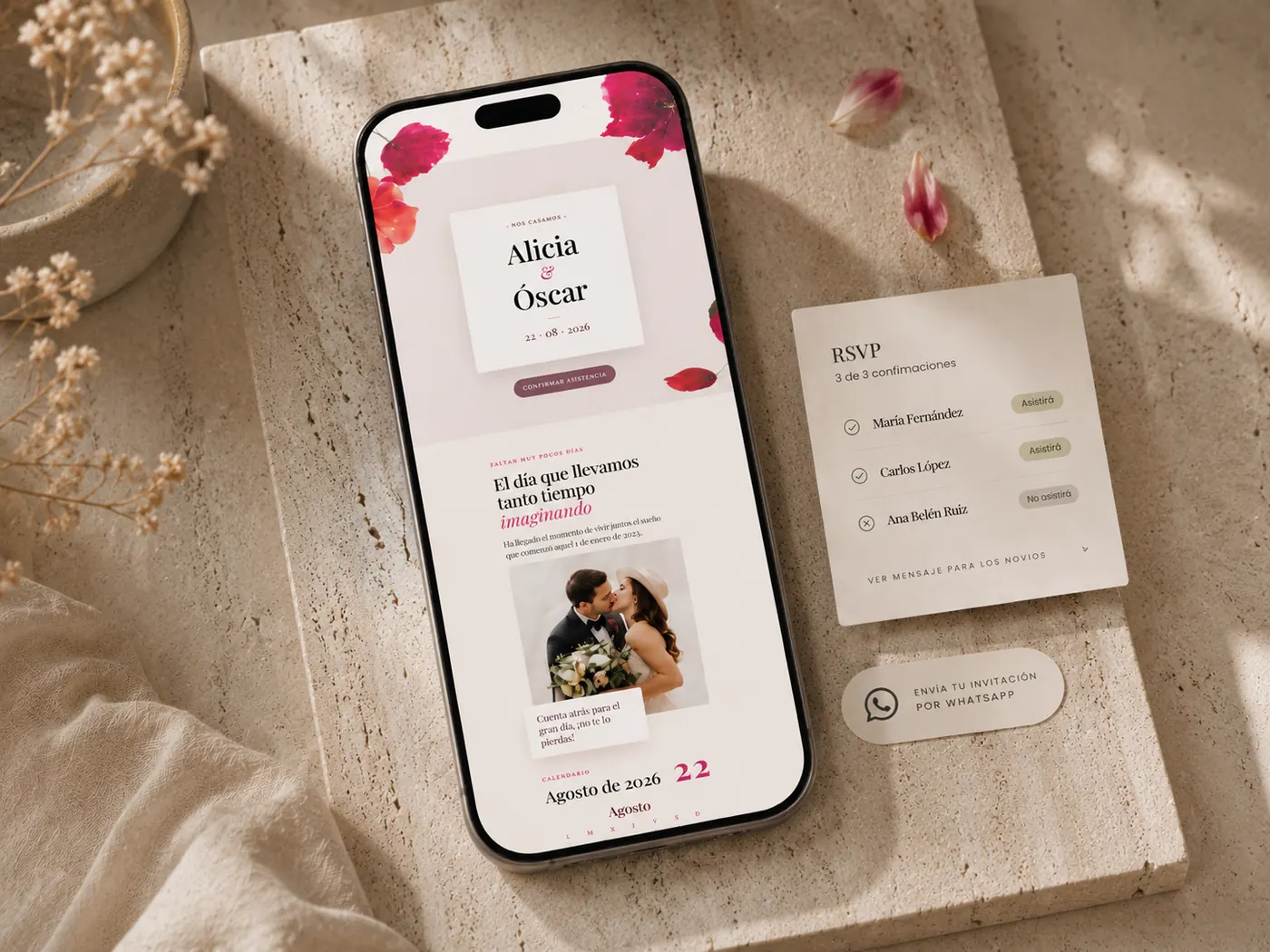 Invitación digital de boda 2026 con RSVP integrado y envío por WhatsApp
